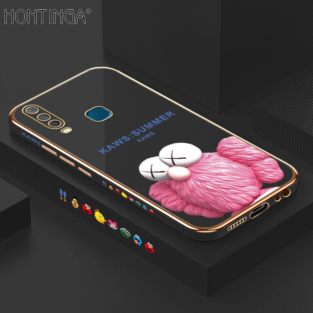 Hontinga for Vivo Y17 Y15 Y12 Case Luxury 6D Plating Pink Doll Side Pattern Soft Back Cover Silicone Square Phone Cases