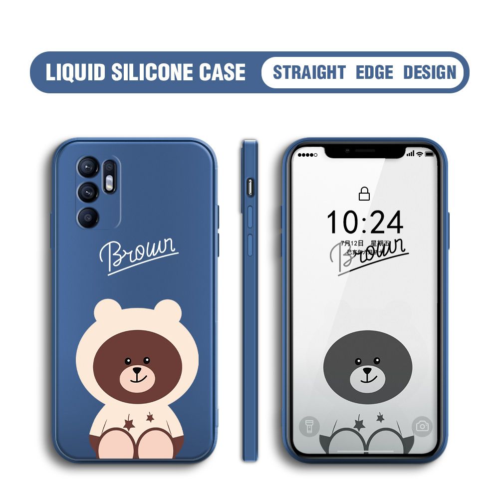 BILI for OPPO Reno6 4G Back Cover Brown Bear Multicolor Liquid Silicone Phone Case Soft Square Lens Protection Phone Cases