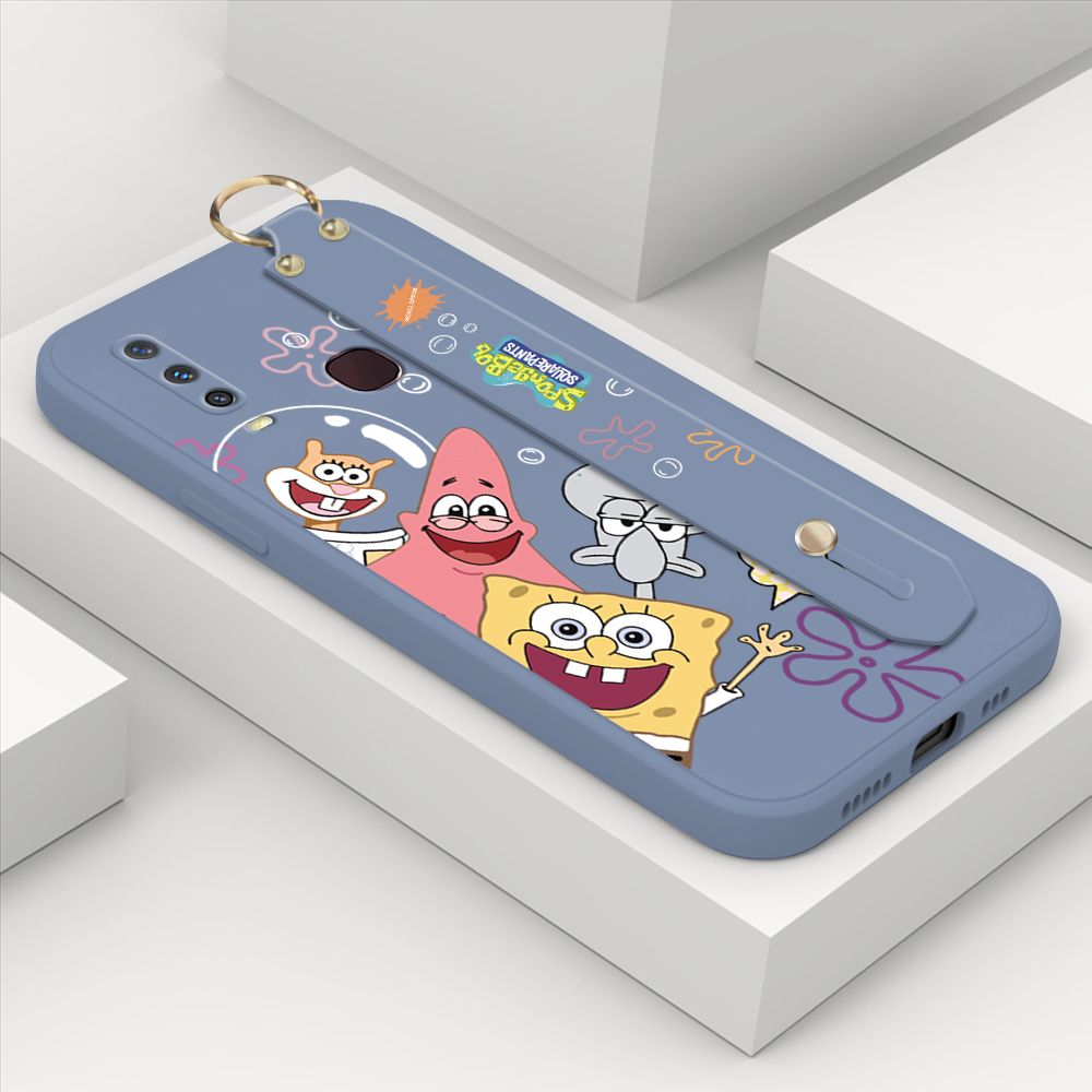 ZeroQiQi for Vivo Y12 Wrist Strap Case Cute Cute Funny Cartoon Sponge for Square Pants Cover Square Edge Liquid Silicone Anti-drop Phone Case