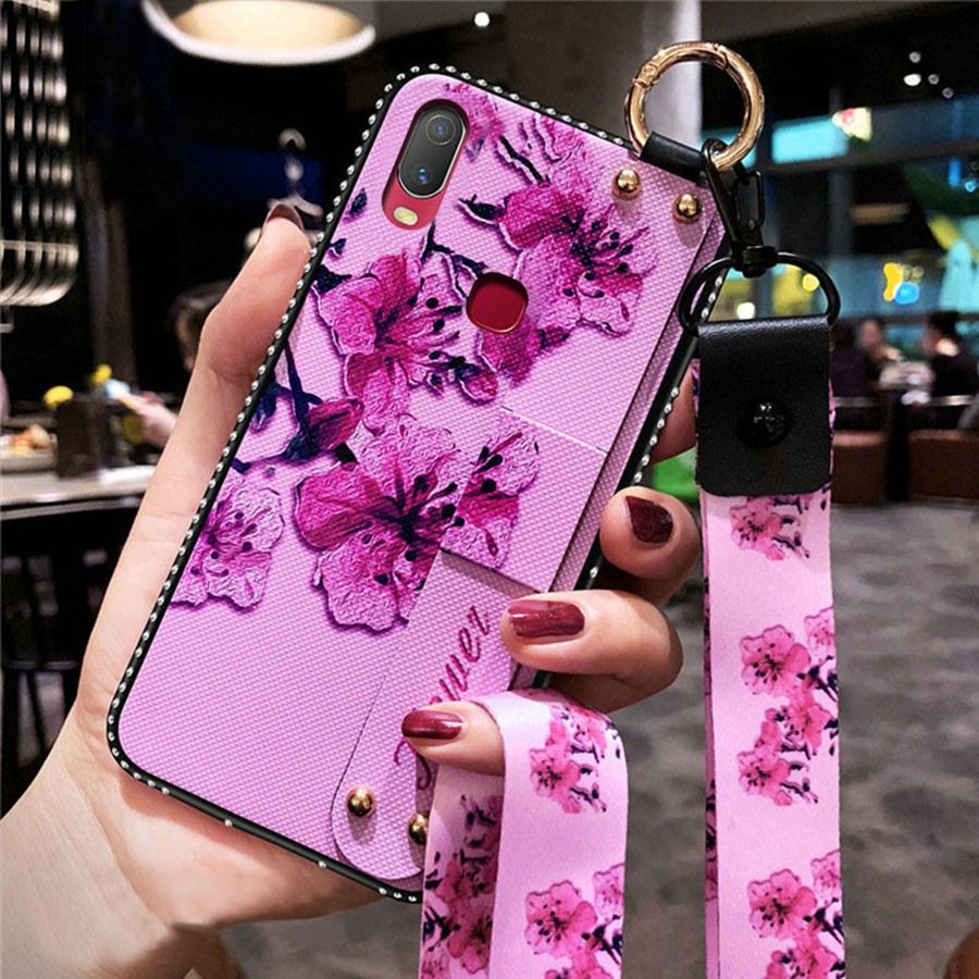 For VIVO Y50/Y30 Y11/Y17/Y15/Y12/Y3 Y19 V17 Pro Y91/Y95 V15 S1 Pro Diamond Flower Wristband Patterned Shoulder Strap Stand Holder Phone Case Soft TPU Cover With Lanyard