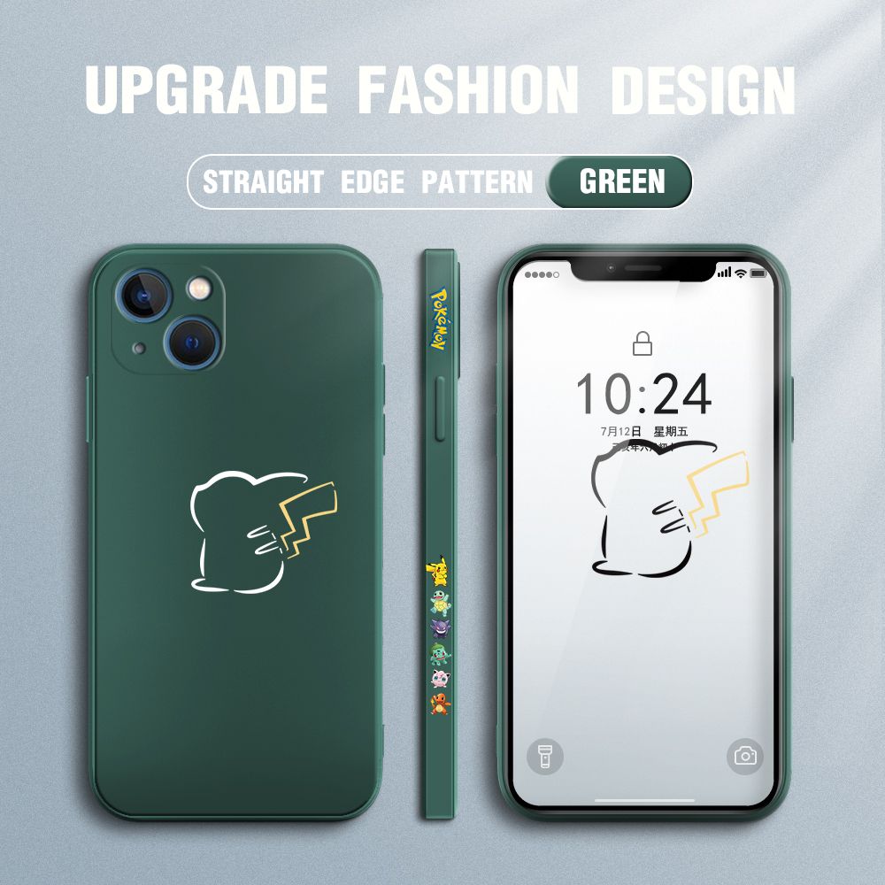 Jizetin for iPhone 13 Mini Case New Pikachu Pokémon Design Side Design Phone Case Square Edge Pattern Liquid Silicone Cases Full Cover Camera Soft Protection Case