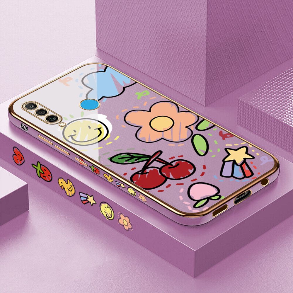 Luxury 6D Plating Case for Huawei Nova 4E Color Cartoon cherry Peach Side Pattern Back Cover Soft Silicone Square Frame Shiny Bling Phone Cases + Free Lanyard