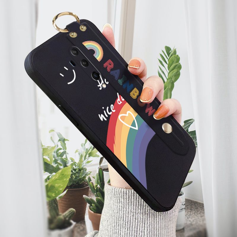 Jizetin for OnePlus 7T Pro Wrist Strap Case INS Style Smile Rainbow Cover Ultra Thin Anti Fall Liquid Silicone Phone Case