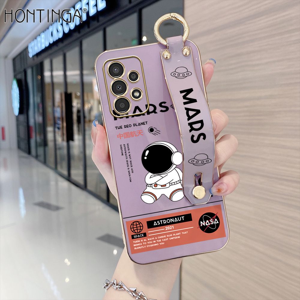 Hontinga for Samsung Galaxy A13 4G Back Cover With Wristband Luxury 6D Plating Cute Space Astronaut  Case Soft Silicone Square Phone Cases