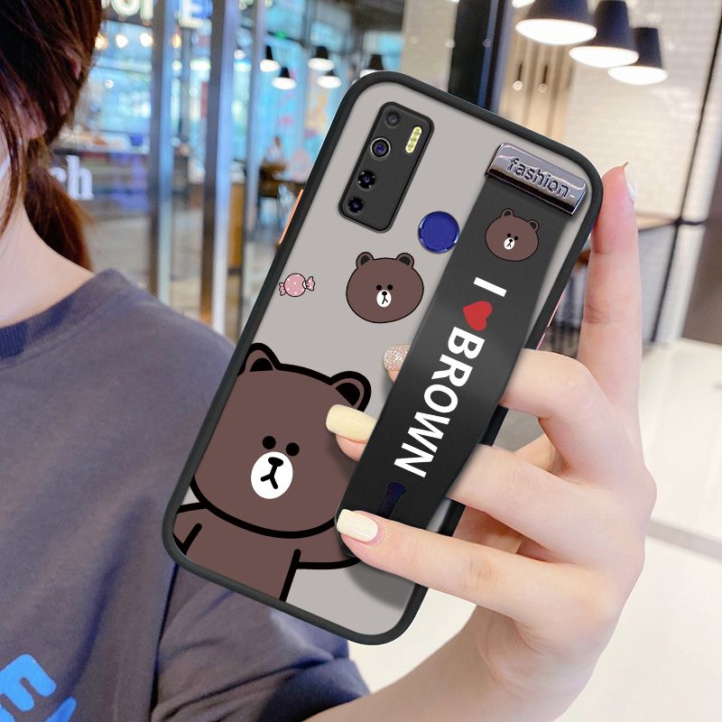 UCUC for Tecno Camon 15 Wrist Strap Case Cute Brown Bear Wristband Printing Cover Shockproof Ultra Thin Phone Case