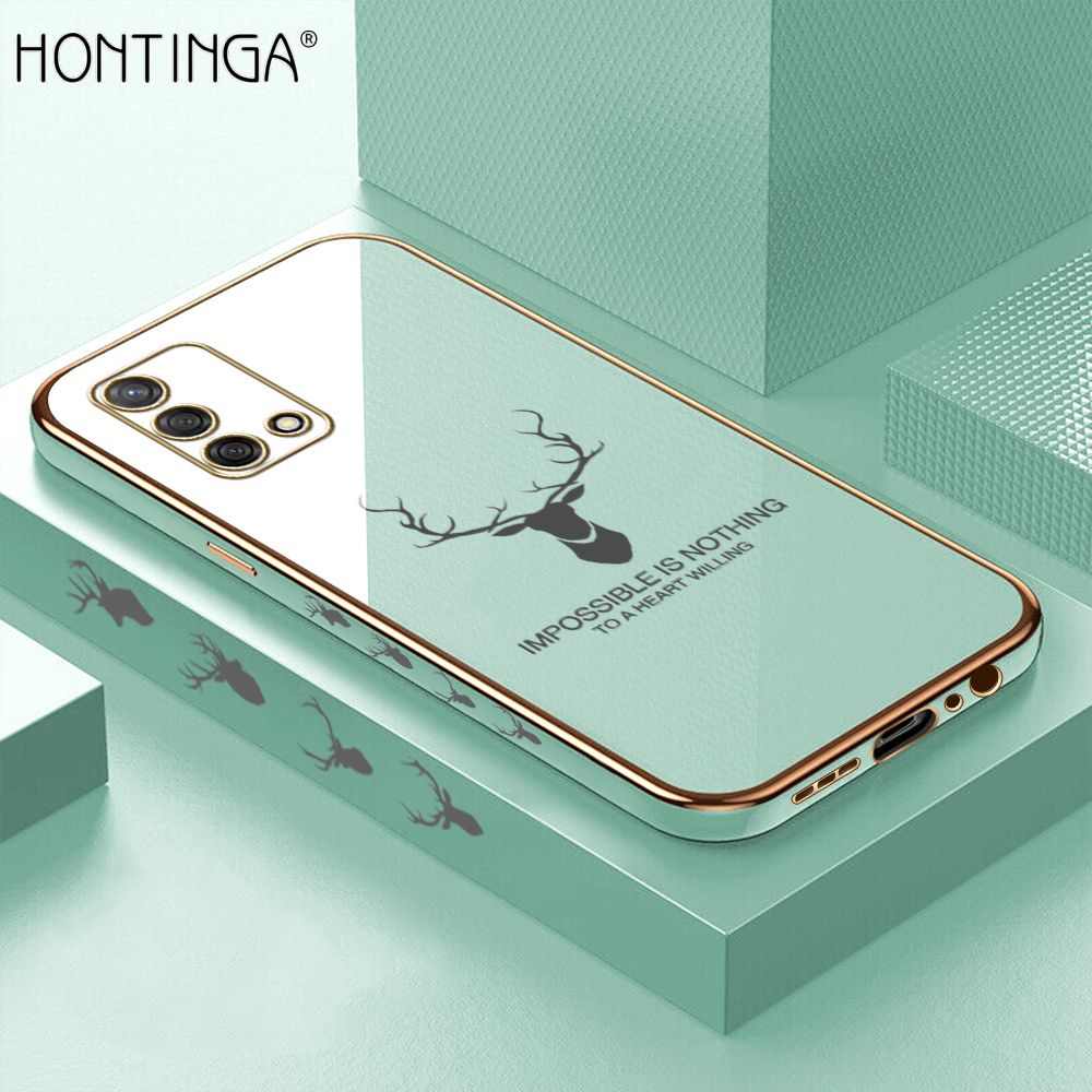 Hontinga for OPPO F19 A95 A74 4G Back Cover + Free Lanyard Luxury 6D Plating Cartoon Lucky Deer Side Pattern Case Soft Silicone Square Phone Cases