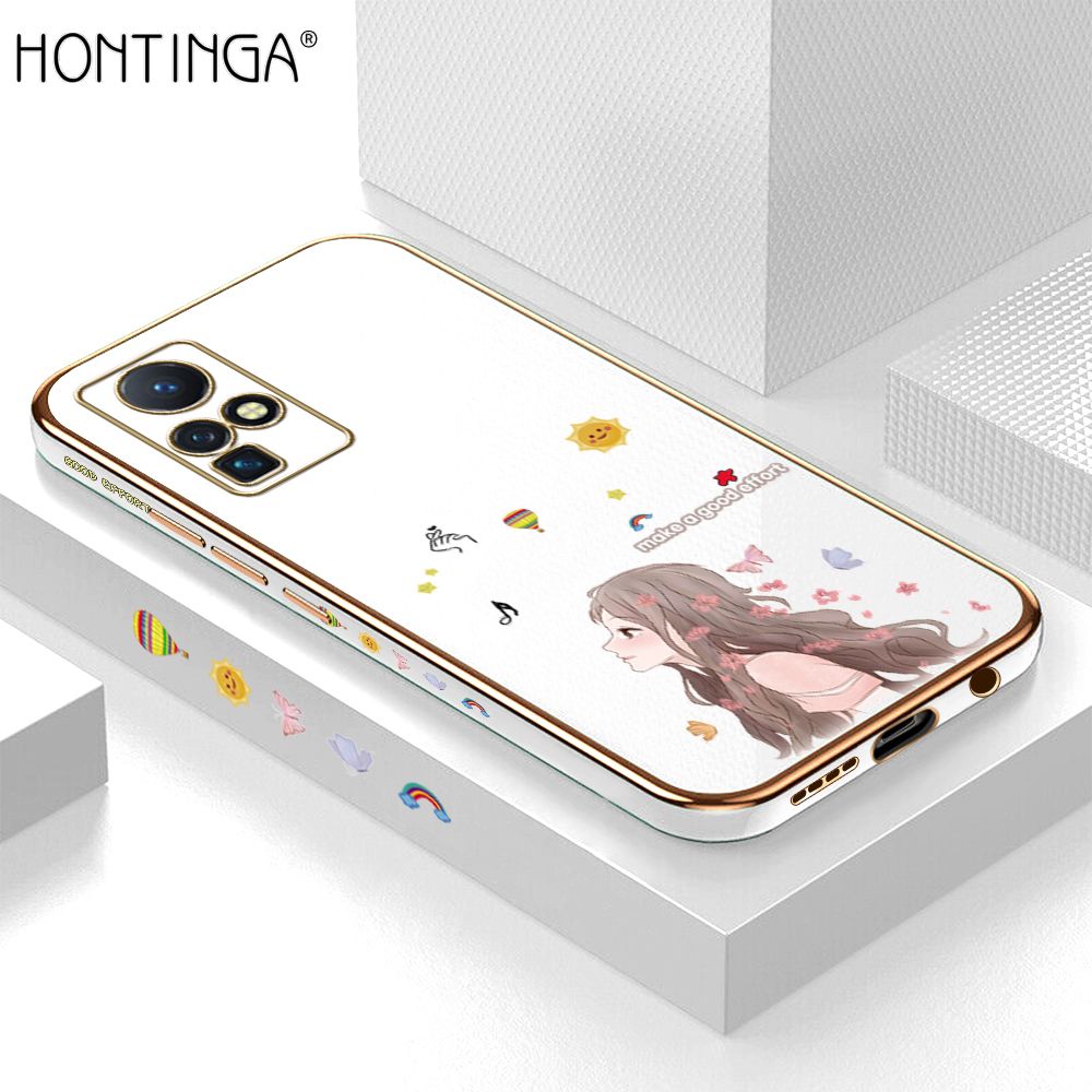 Hontinga for Infinix Zero X / Zero X Pro Back Cover + Free Lanyard Luxury 6D Plating Sunshine Girl Side Pattern Case Soft Silicone Square Phone Cases