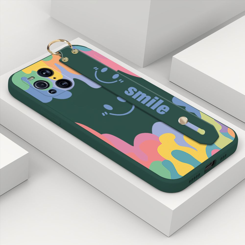 ZeroQiQi for OPPO Find X3 Wrist Strap Case Soft Candy Color Splash Ink Cover Trend Square Printed Pattern Liquid Silicone Phone Case