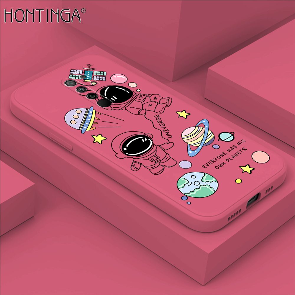Hontinga for Redmi 9 Case Fashion Earth Planet Astronaut Phone Case Soft Square Edge Silicone Cases Full Lens Cover Shockproof Protection Cover