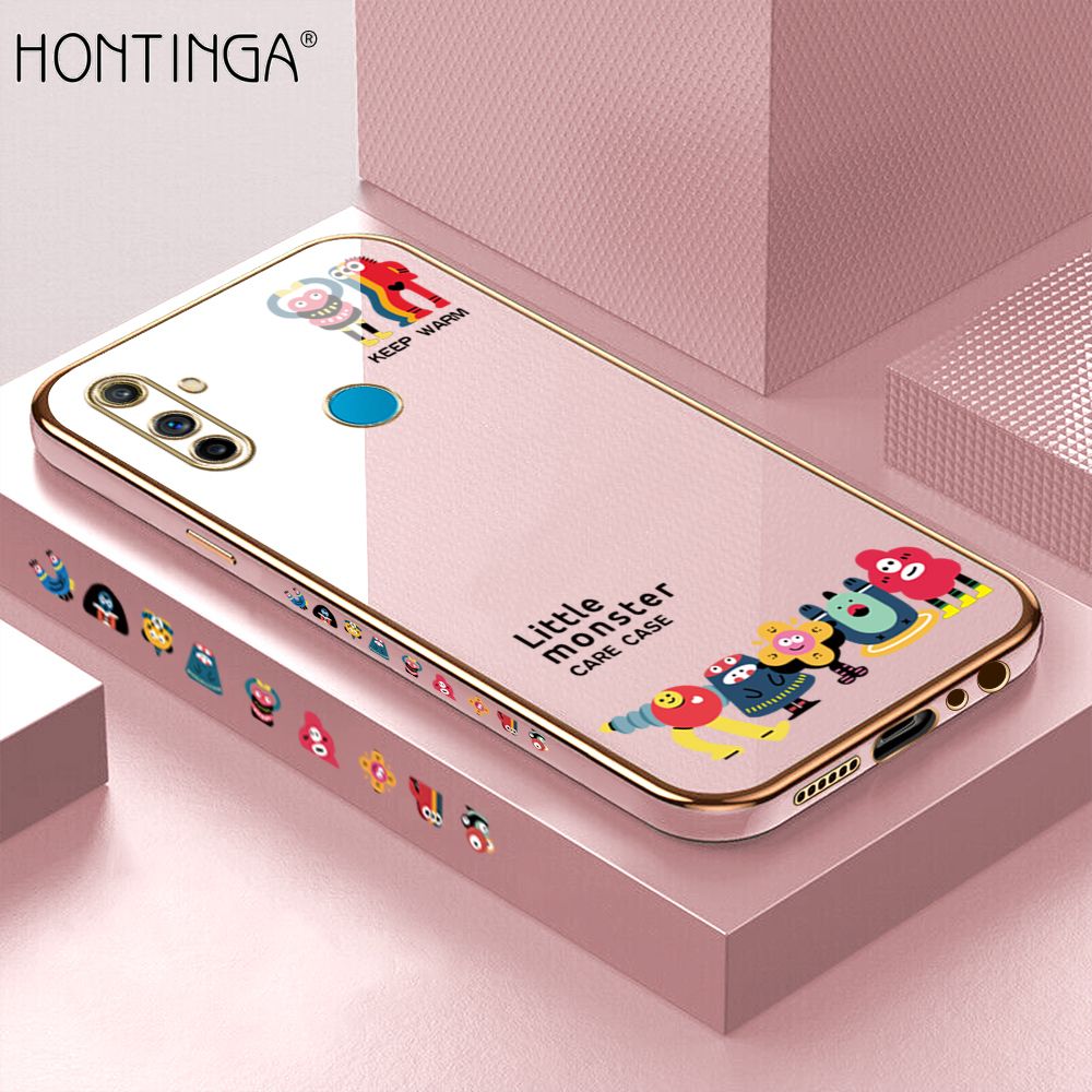 Hontinga for Realme C3 Back Cover + Free Lanyard Luxury 6D Plating Cute Mobs Collection Side Pattern Case Soft Silicone Square Mobile Cover