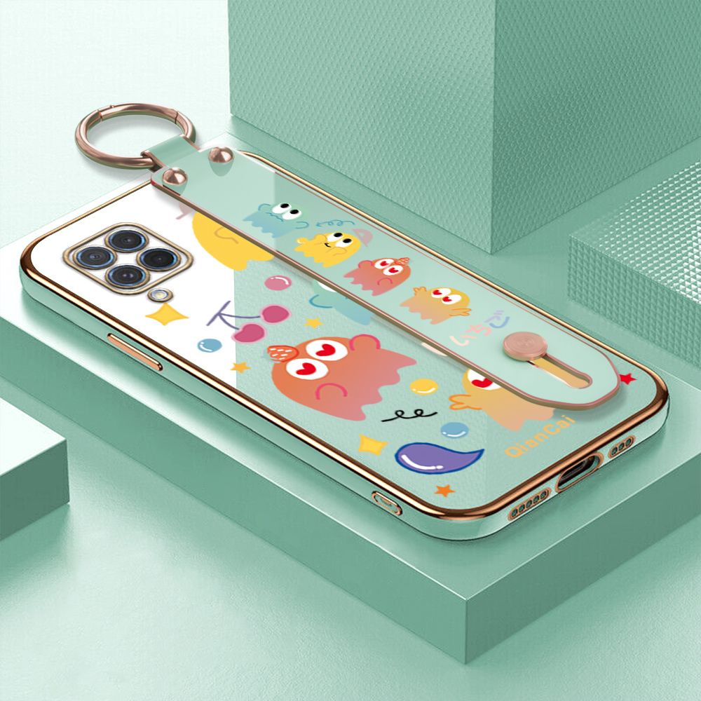 Jizetin for Samsung Galaxy M62 / F62 Back Cover Bean Monster Luxury 6D Plating Wrist Strap Phone Cases Soft Silicone Square Mobile Phone Case