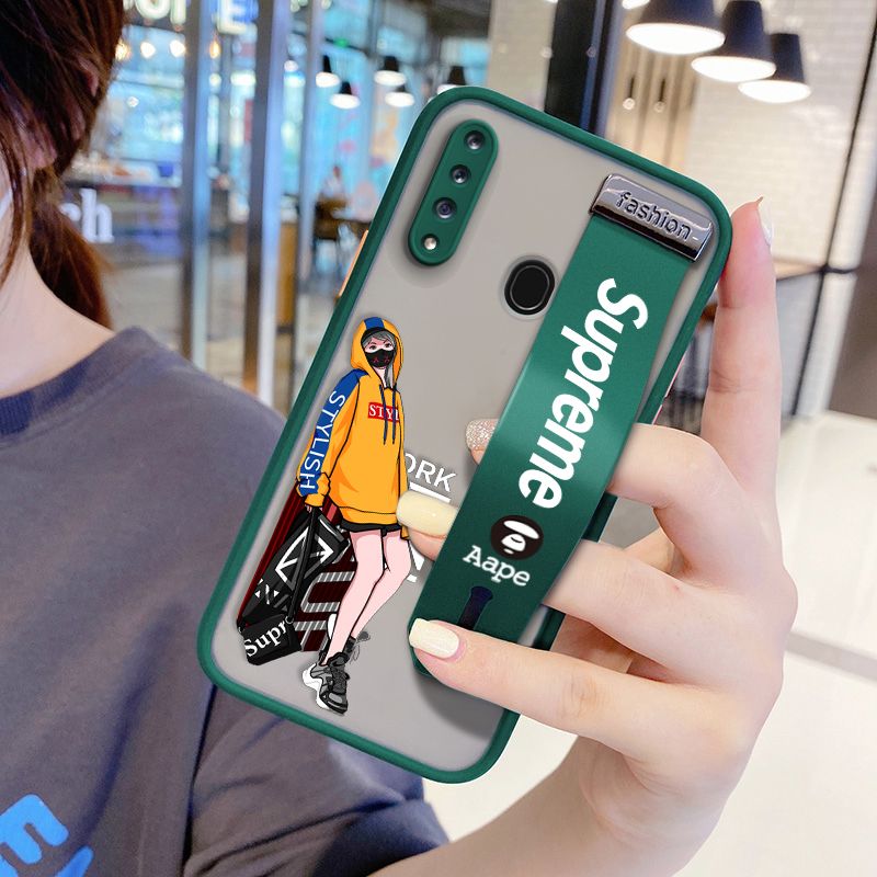 UCUC for Samsung Galaxy A20S Wrist Strap Case Creative Cartoon Handsome Girl Wristband Printing Cover Shockproof Frosted Phone Case
