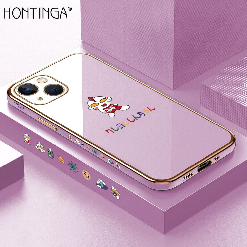 Hontinga for iPhone 13 Mini Case Luxury 6D Plating Soft Casing Silicone Square Frame Phone Cover Shiny Bling Side Print Cartoon Childhood Memories Cases