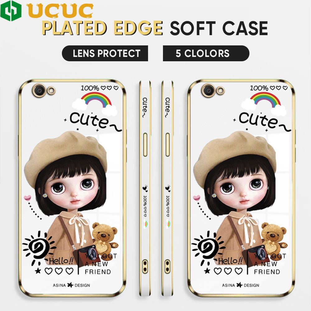UCUC for Vivo Y67 V5 V5 Lite V5S Back Cover + Free Lanyard Sunshine Girl Luxury 6D Plating Case Side Pattern Soft Silicone Square Phone Cases