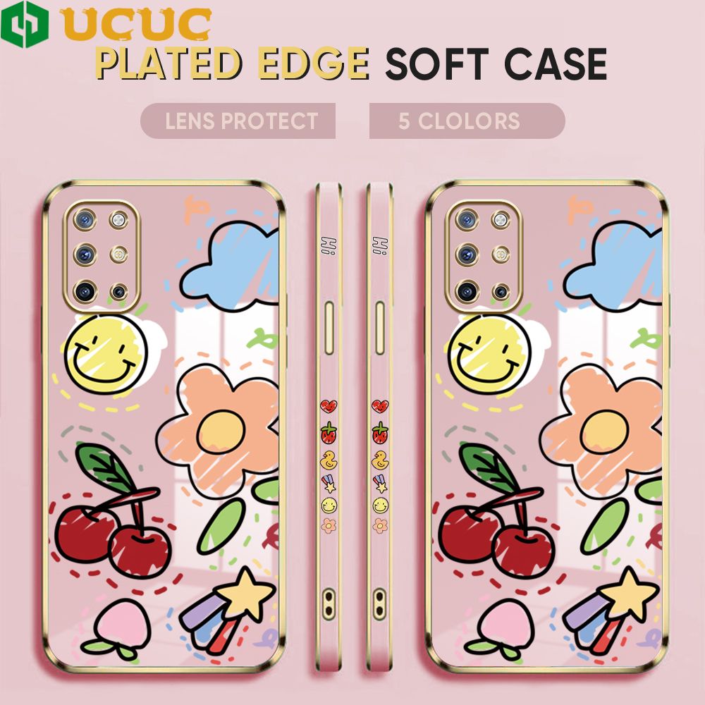 UCUC for OnePlus 8T Cover Fruit Doodle Luxury 6D Plating Soft Casing Silicone Square Frame Phone Case Shiny Bling Back Cover + Free Lanyard