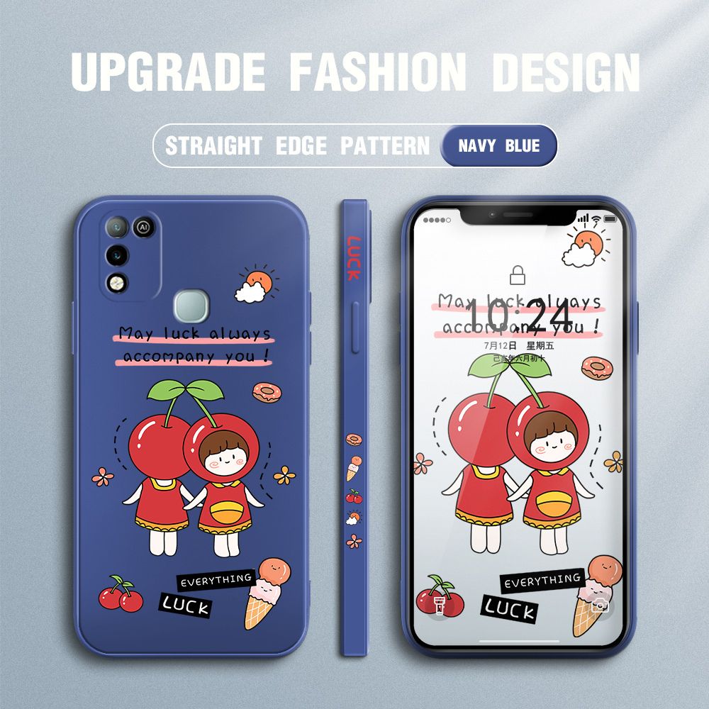Jizetin for Infinix Hot 10 Play / Hot 11 Play Case Fashion Cherry Girl Design Side Design Phone Case Square Edge Pattern Liquid Silicone Cases Full Cover Camera Shockproof Protective Case