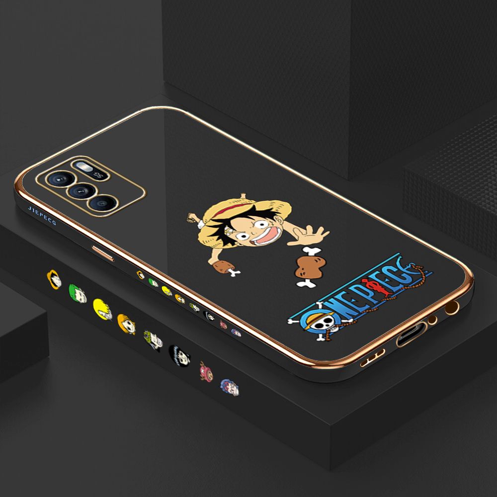 Luxury 6D Plating Case for OPPO Reno6 Z 5G Cartoon Meaty Luffy Side Pattern Back Cover Soft Silicone Square Phone Cases + Free Lanyard
