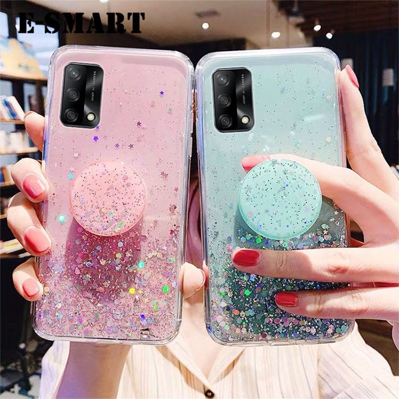For OPPO A95 4G Case Shiny Ring Glitter Soft Transparent Holder Stand Case with String Glitter Space Stars Moon OPPO A95 4G Back Cover