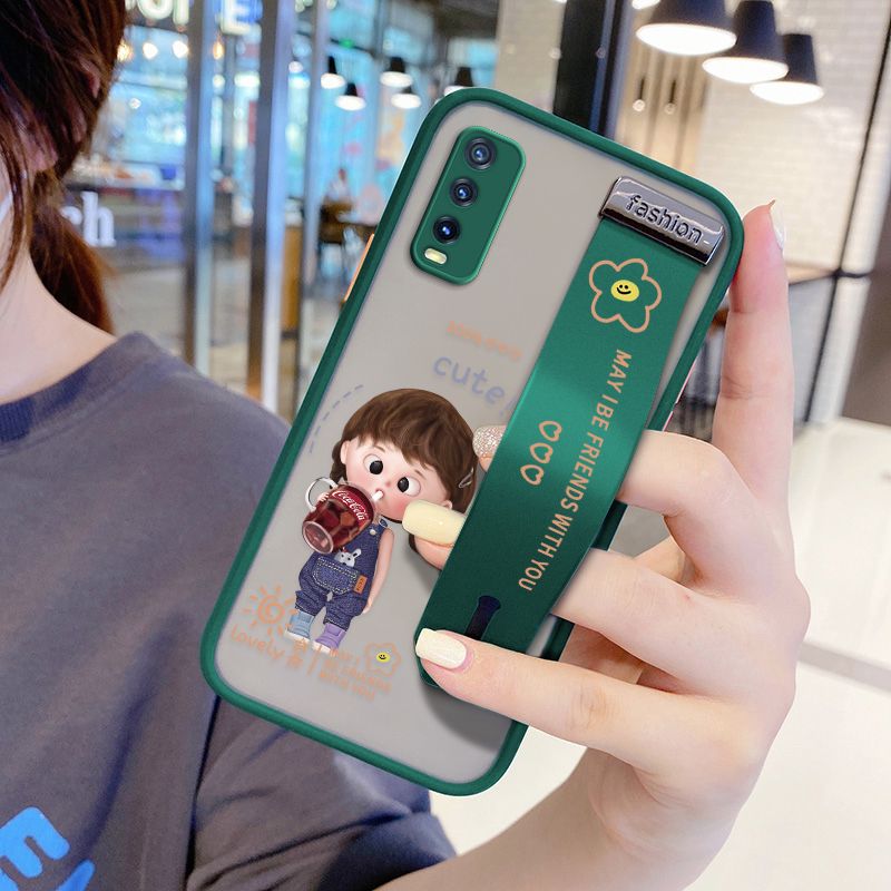 UCUC for Vivo Y20 Wrist Strap Case Girl Drinking Cola Wristband Printing Cover Shockproof Ultra Thin Phone Case