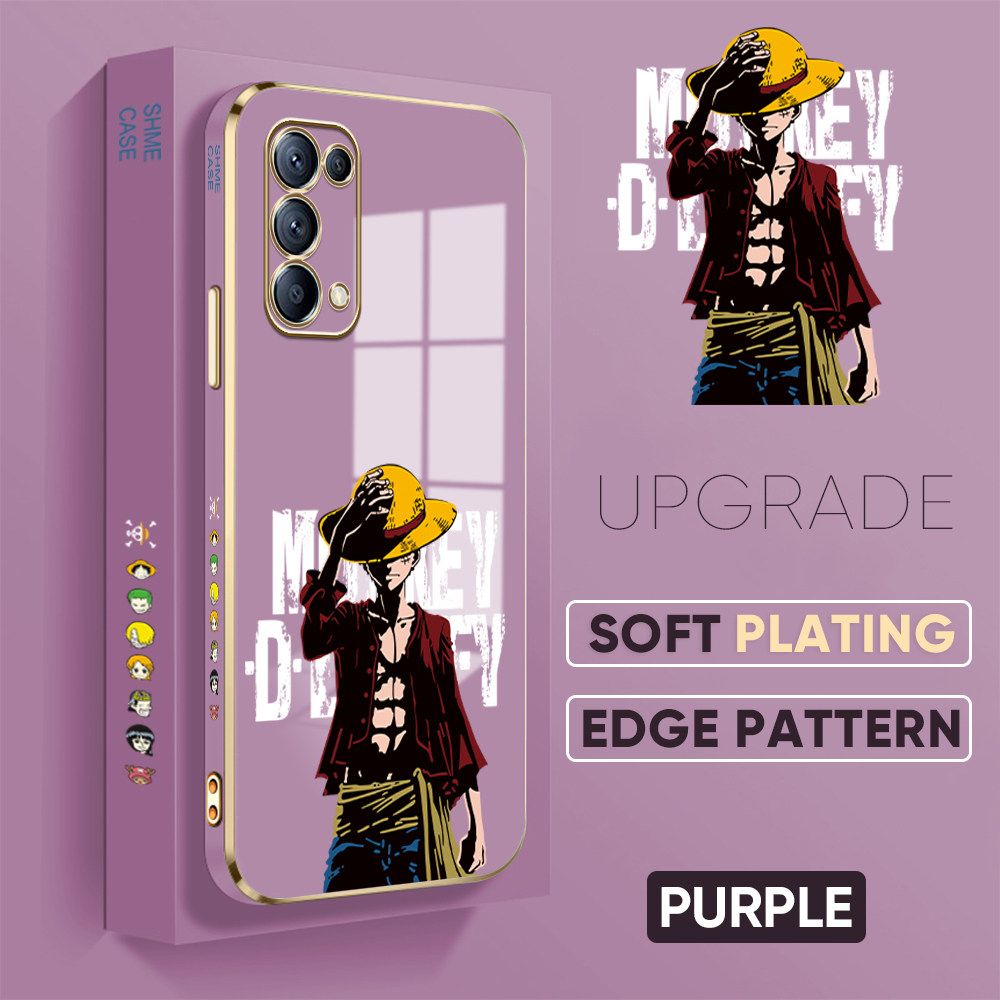 TA for OPPO Reno5 4G 5G Back Cover + Free Lanyard Handsome Luffy Luxury 6D Plating Case Side Pattern Soft Silicone Square Phone Cases