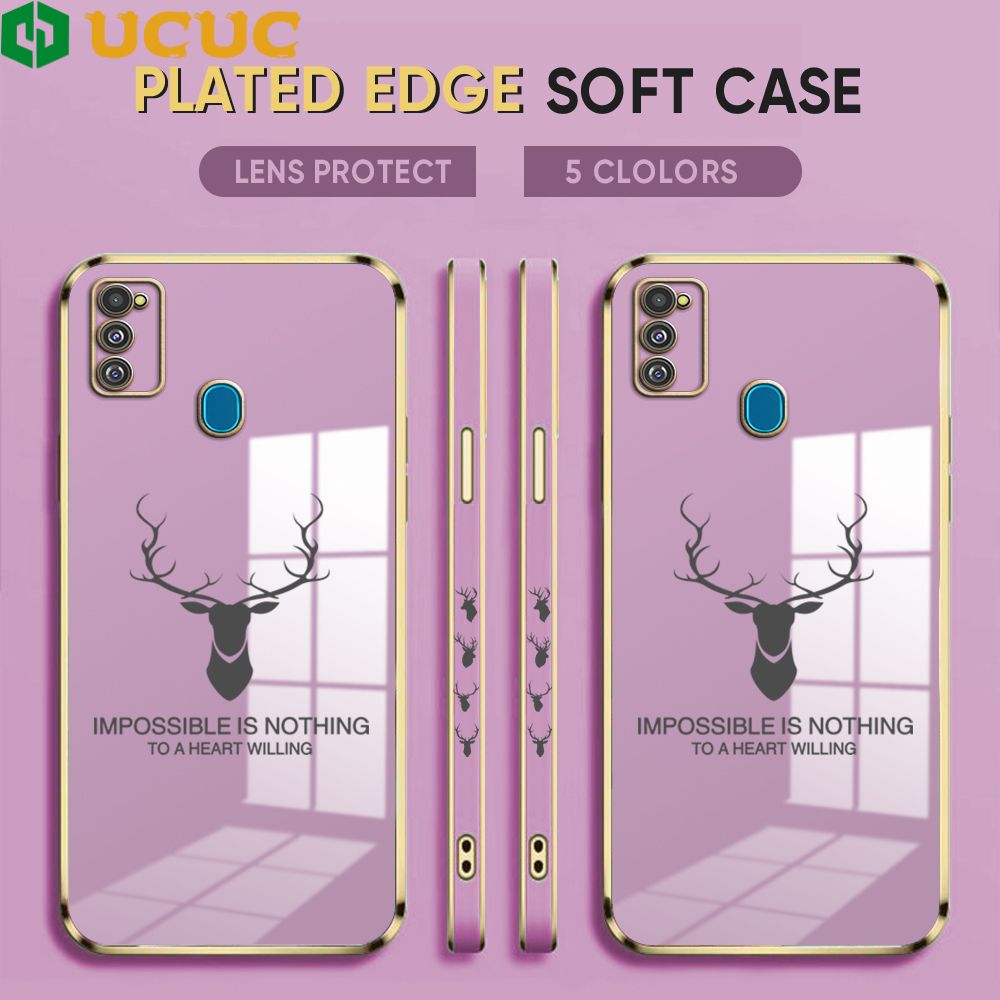 UCUC for Samsung Galaxy M21 M30S Back Cover + Free Lanyard Simple Antlers Luxury 6D Plating Case Side Pattern Soft Silicone Square Phone Cases