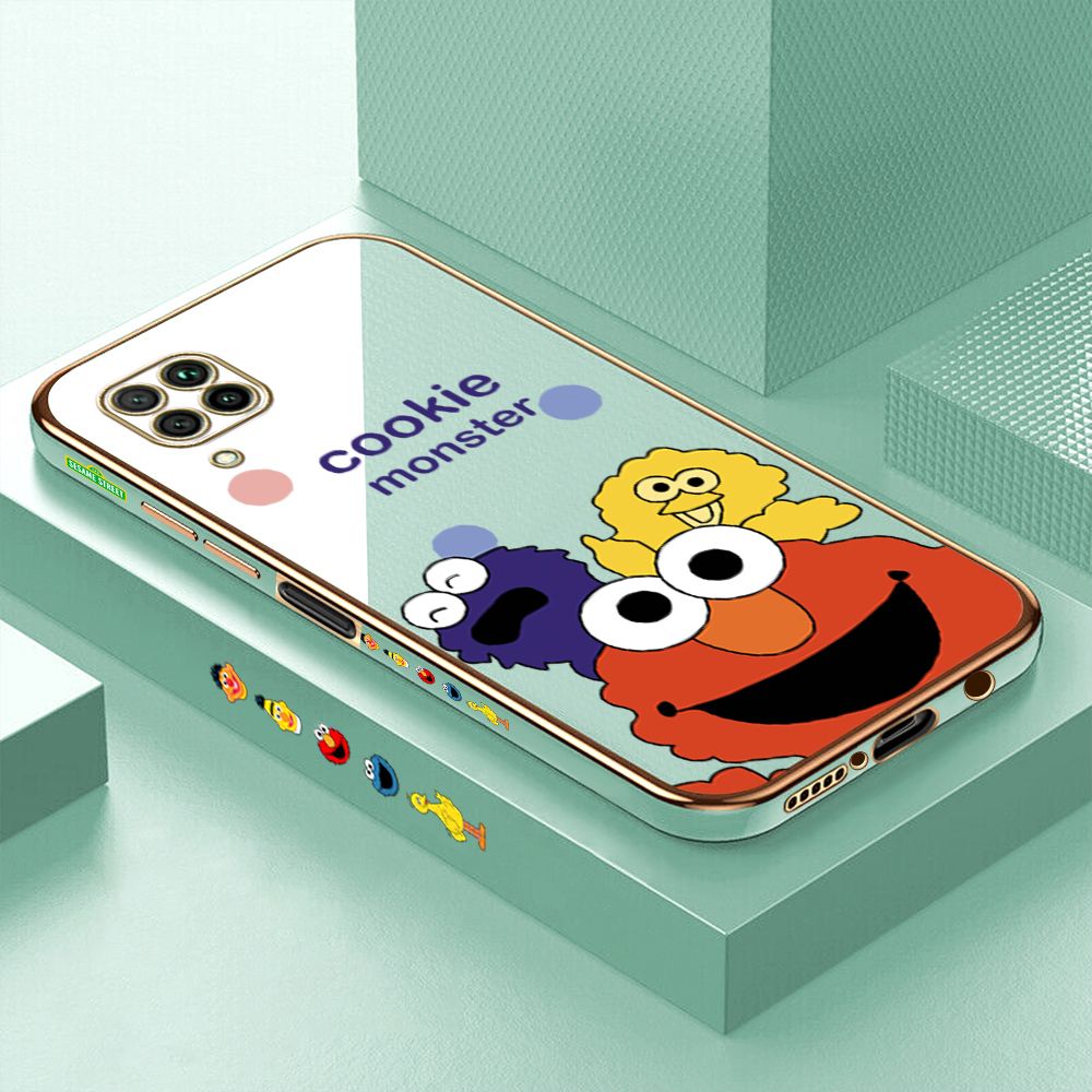 Luxury 6D Plating Case for Huawei Nova 7I Color Cute Cartoon Sesame Monsters Side Pattern Back Cover Soft Silicone Square Frame Shiny Bling Phone Cases + Free Lanyard