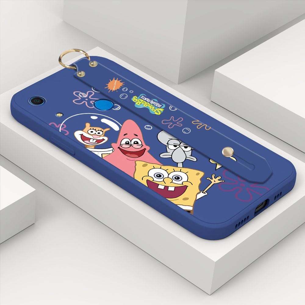 ZeroQiQi for Huawei Y6S Wrist Strap Case Cute Cute Funny Cartoon Sponge for Square Pants Cover Square Edge Liquid Silicone Anti-drop Phone Case