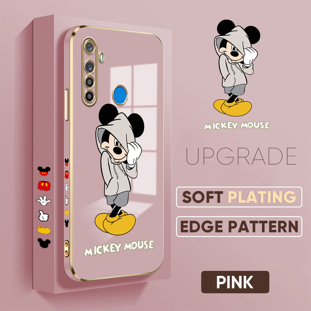 TA for Realme 5 5i 5S 6i Back Cover + Free Lanyard Handsome Mouse Luxury 6D Plating Case Side Pattern Soft Silicone Square Phone Cases