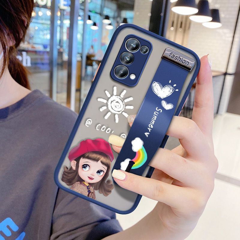 UCUC for OPPO Reno 5 Pro 5G Wrist Strap Case Lovely Cartoon Red Hat Girl Wristband Printing Cover Shockproof Frosted Phone Case