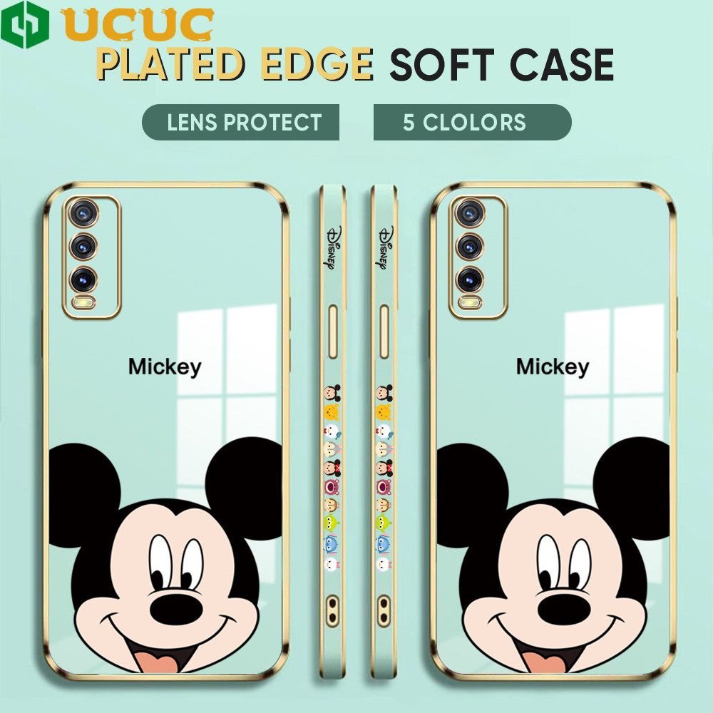 UCUC for Vivo Y20 2021 / Y20i / Y20 / Y20S / Y12S / Y12A / Y20S G Back Cover + Free Lanyard Cute Mouse Luxury 6D Plating Case Side Pattern Soft Silicone Square Phone Cases