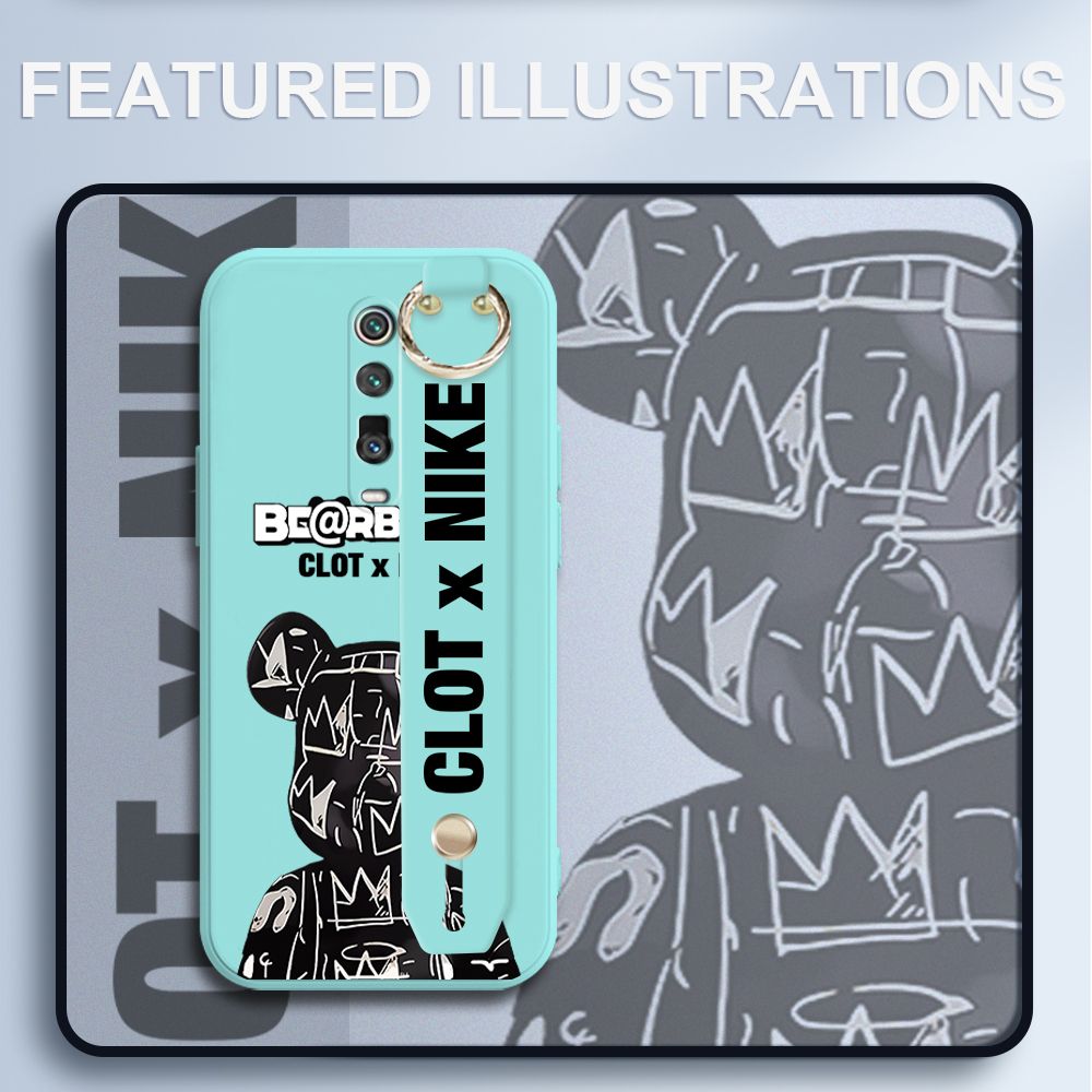UCUC for Xiaomi Mi 9T Wrist Strap Case Creative Cartoon Black Stitching Bear Cover Ultra Thin Anti Fall Liquid Silicone Phone Case