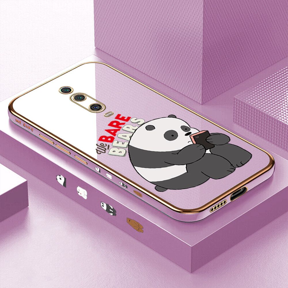 Luxury 6D Plating Case for Redmi K20 Cartoon Panda Side Pattern Back Cover Soft Silicone Square Frame Shiny Bling Phone Cases + Free Lanyard