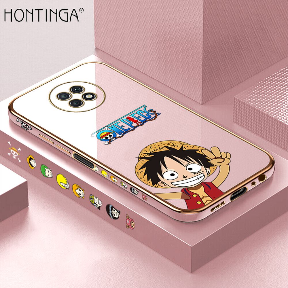 Hontinga for Xiaomi Redmi Note 9T Back Cover + Free Lanyard Luxury 6D Plating Anime Cartoon Happy Luffy Side Pattern Case Soft Silicone Square Mobile Cover