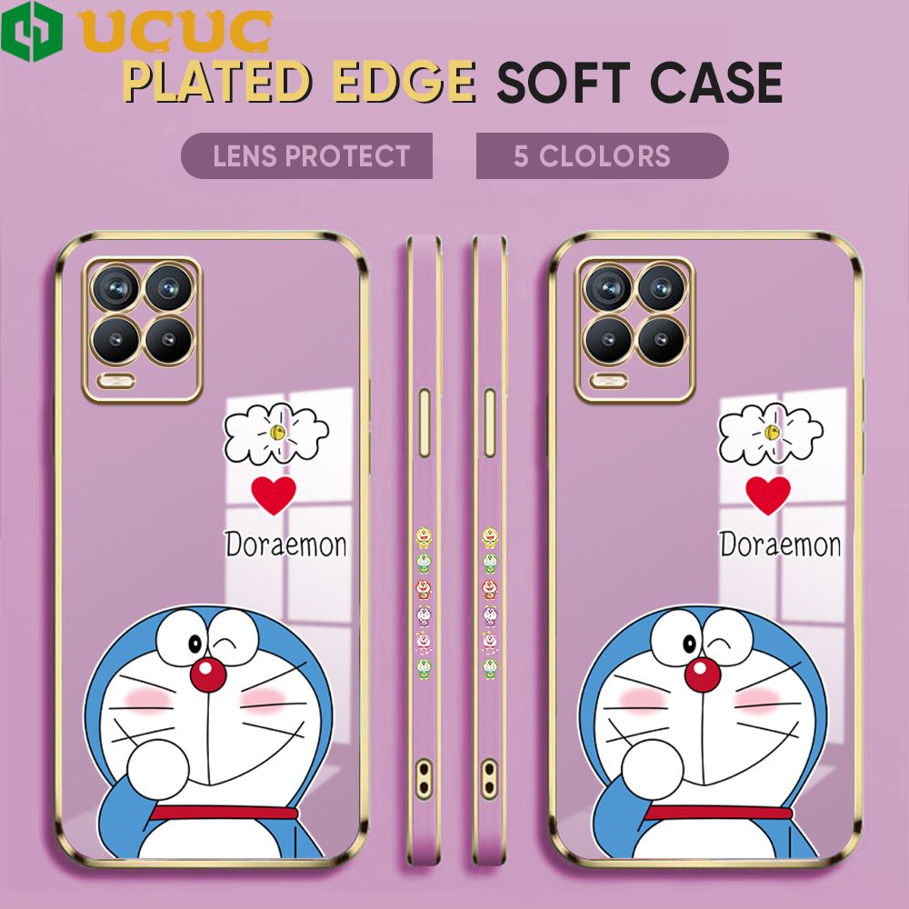 UCUC for Realme 8 4G / Realme 8 Pro Back Cover + Free Lanyard Sneak Doraemon Luxury 6D Plating Case Side Pattern Soft Silicone Square Phone Cases