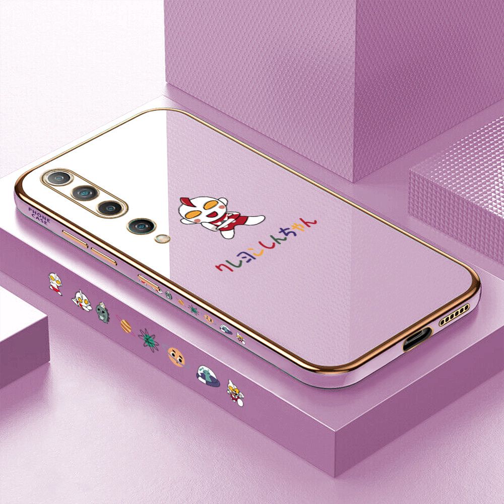 Luxury 6D Plating Case for Xiaomi 10 Cute Cartoon Side Pattern Back Cover Soft Silicone Square Frame Shiny Bling Phone Cases + Free Lanyard