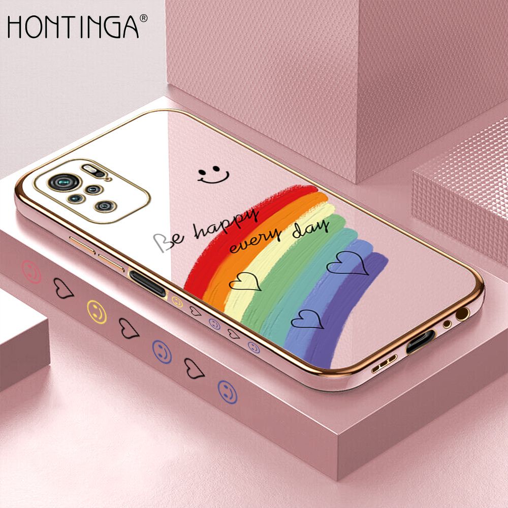 Hontinga for Xiaomi Redmi Note 10S Back Cover Luxury 6D Plating Cartoon Rrainbow Side Pattern Case Soft Silicone Square Phone Cases