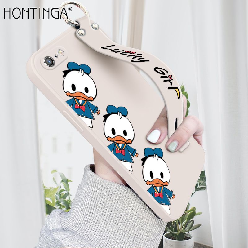 Hontinga for iPhone 6S Wrist Strap Case Cute Cartoon Little Duck Phone Case Square Edge Liquid Silicone Case Full Cover Camera Shockproof Protective Cases