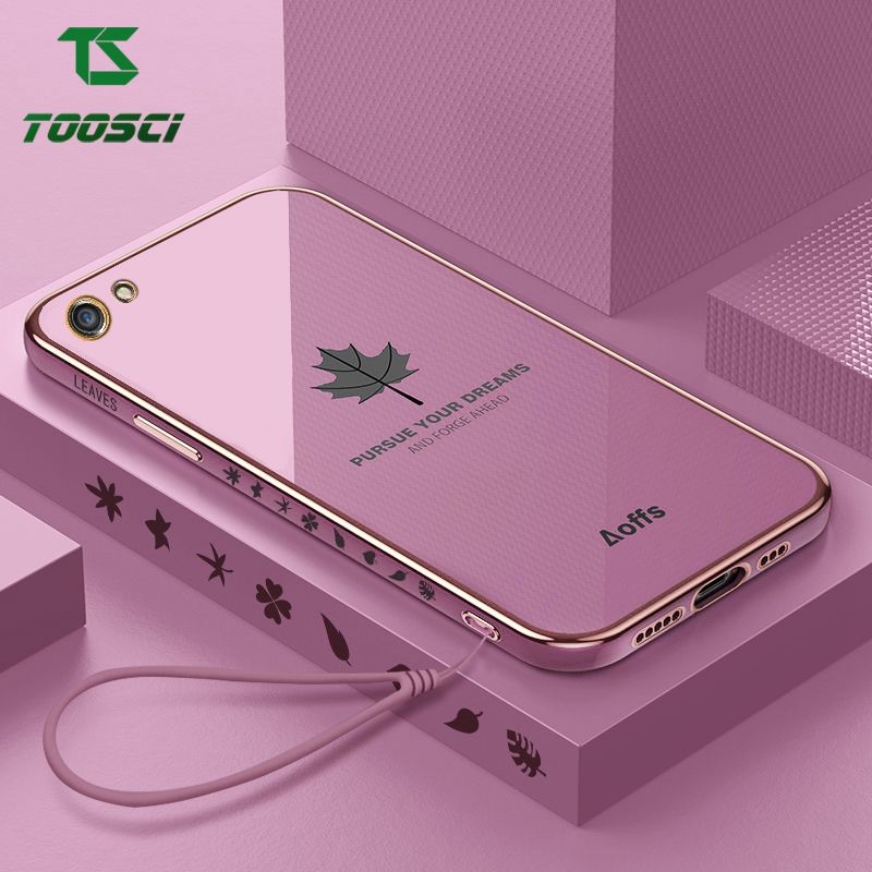 Toosci Maple Leaf Phone Case For OPPO A83 Luxury Chrome Gold Plated Soft TPU Square Case + Lanyard