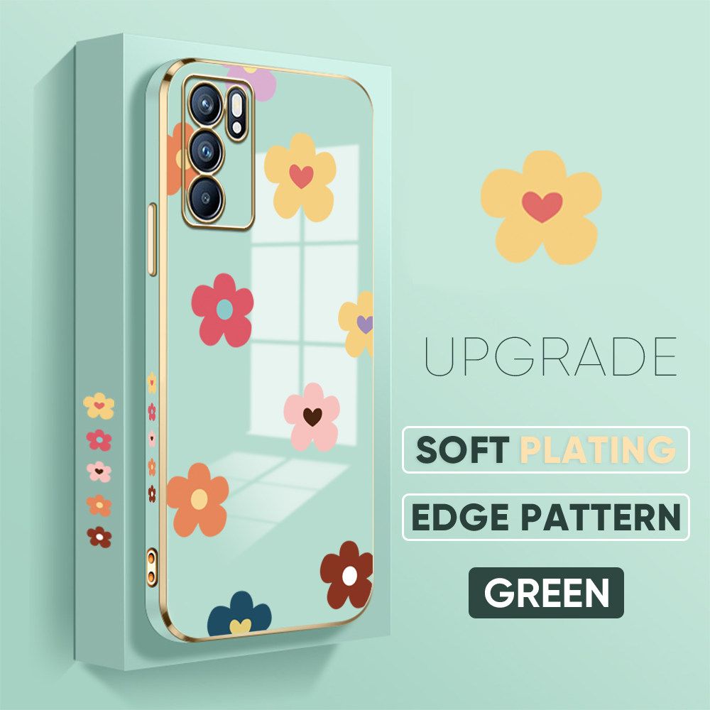 TA for OPPO Reno6 5G Back Cover + Free Lanyard Falling Flowers Luxury 6D Plating Case Side Pattern Soft Silicone Square Phone Cases