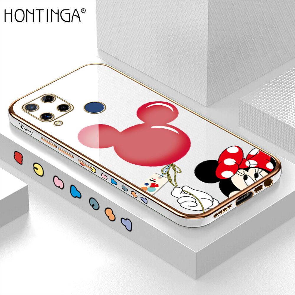 Hontinga for Realme C15 Back Cover + Free Lanyard Luxury 6D Plating Cartoon Balloon Mouse Side Pattern Case Soft Silicone Square Mobile Cover