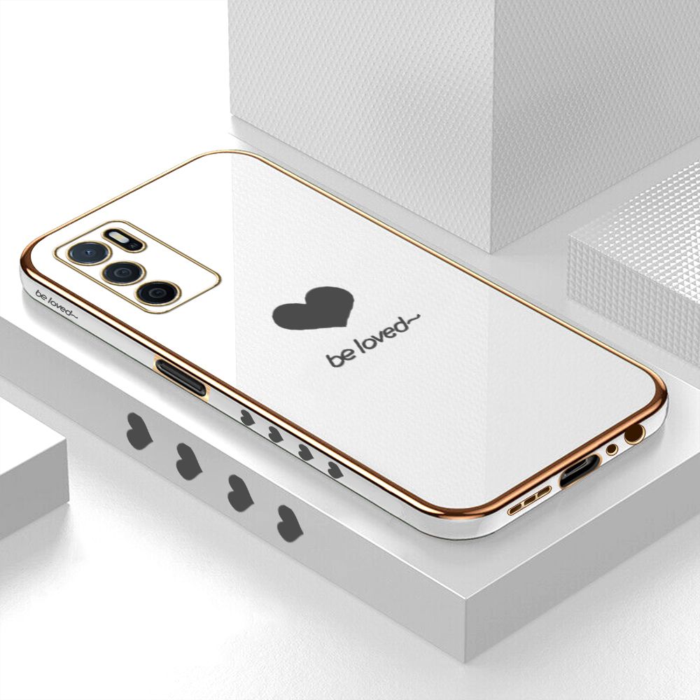 Luxury 6D Plating Case for OPPO A16 Lover Heart Side Pattern Back Cover Soft Silicone Square Phone Cases + Free Lanyard