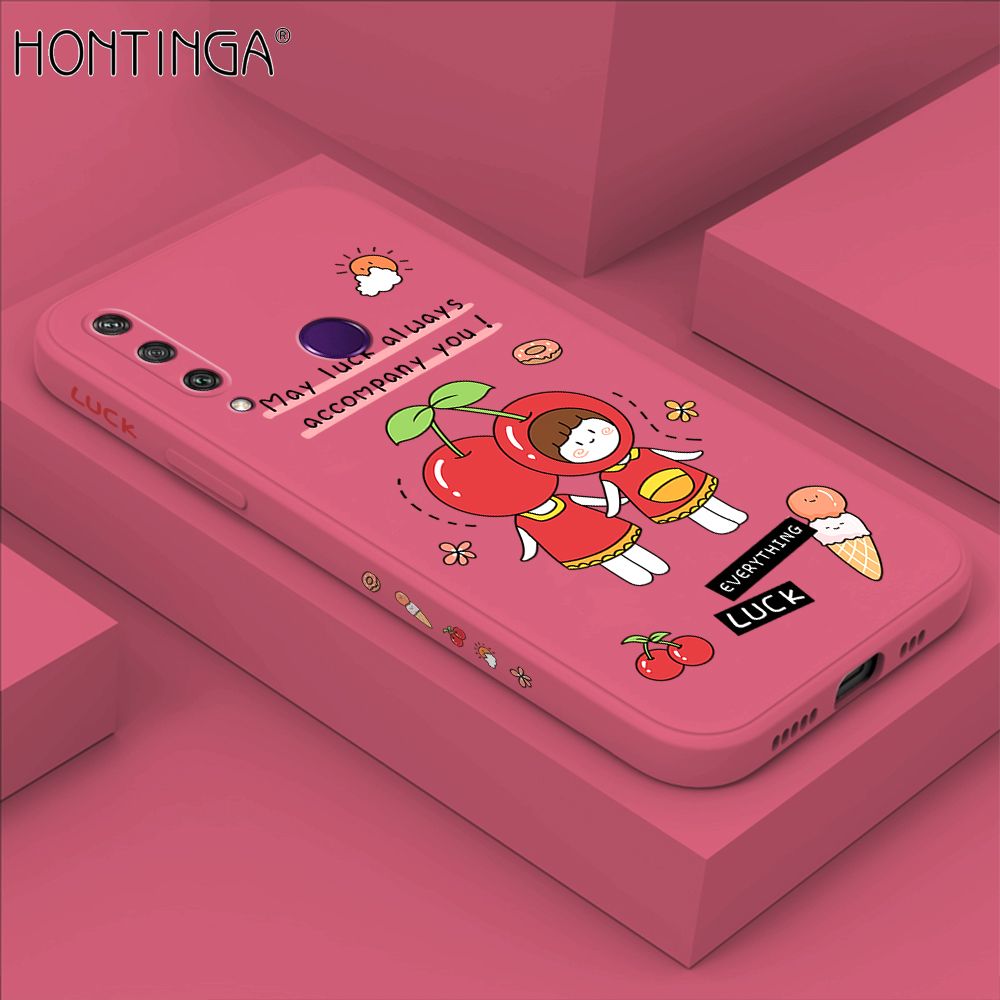 Hontinga for Huawei Y6P Case Side Design Cute Cherry Girl Back Cover Soft Square Edge Pattern Liquid Silicone Trend Phone Cases