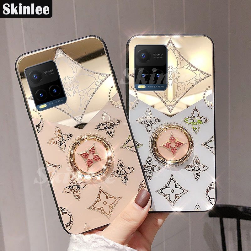 For Vivo Y33S Case Navigation Magnetic Ring Holder Phone Cover for Vivo Y33S Mirror Luxury Clover with Lanyard