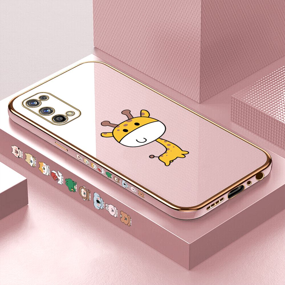 Luxury 6D Plating Case for Realme 7 Pro Cute Giraffe Side Pattern Back Cover Soft Silicone Square Phone Cases + Free Lanyard