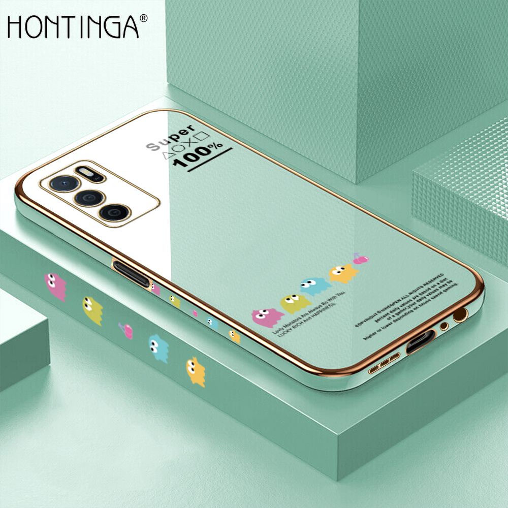 Hontinga for OPPO A16 Back Cover + Free Lanyard Luxury 6D Plating Cute Game Mobs Side Pattern Case Soft Silicone Square Mobile Cover