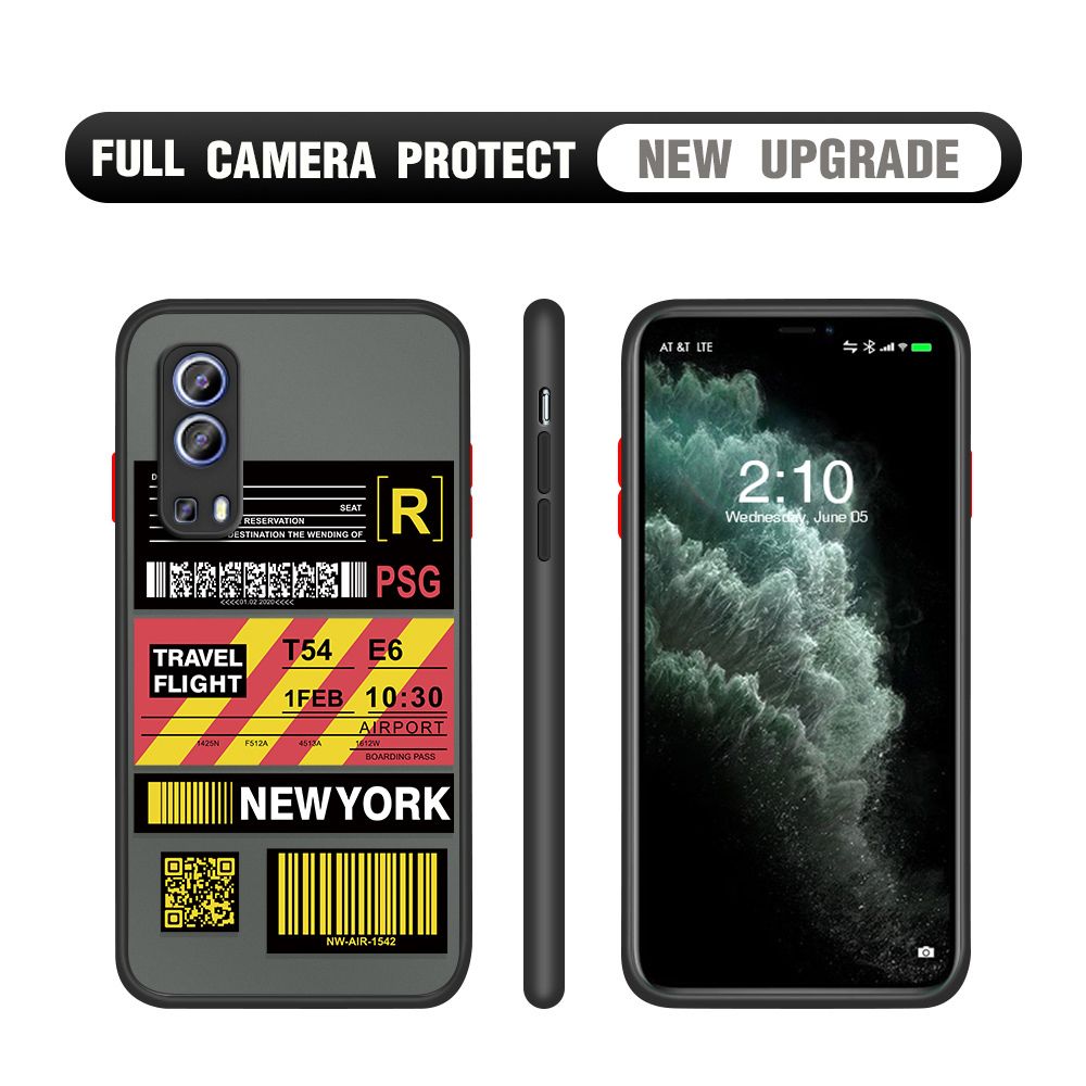 Hontinga for Vivo Y52 5G / Y72 5G Case Creative Flight Ticket Cover Camera Shockproof Protection Case Edge Frosted Transparent Phone Cover