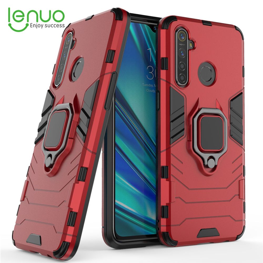 Lenuo Phone Case for Realme 5 Pro Silicone PC Metal Ring Holder Cover
