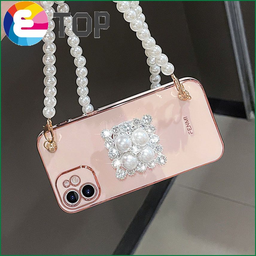 Suitable for Apple 13promax mobile phone shell pearl diagonal lanyard iphone11 mobile phone set dirty-resistant bracket mini