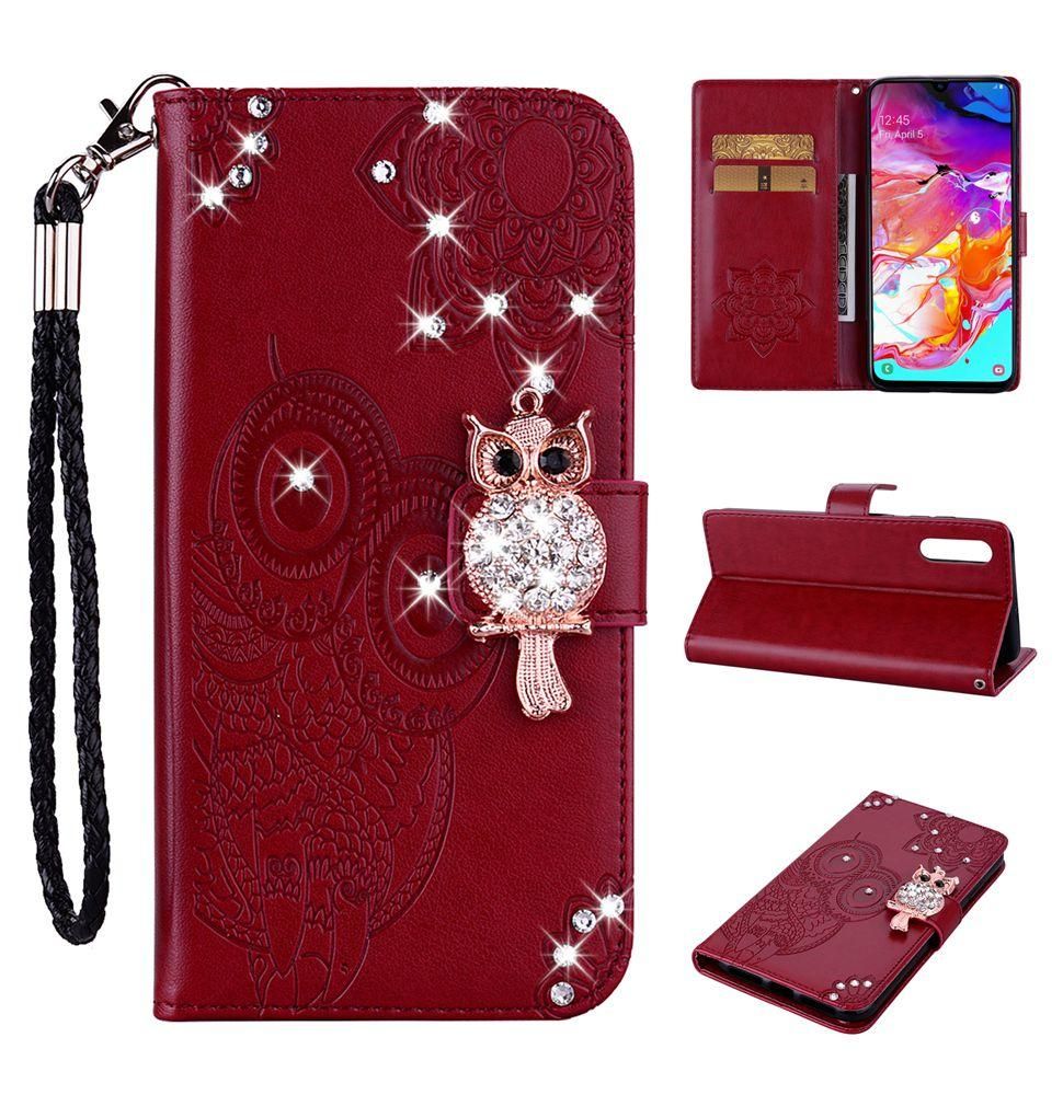 Maxlaber For Samsung Galaxy A50S / Galaxy A50 / Galaxy A30S PU Leather Emboss Bling Diamond Pure Color Kickstand Protective Phone Case With Wrist Sling