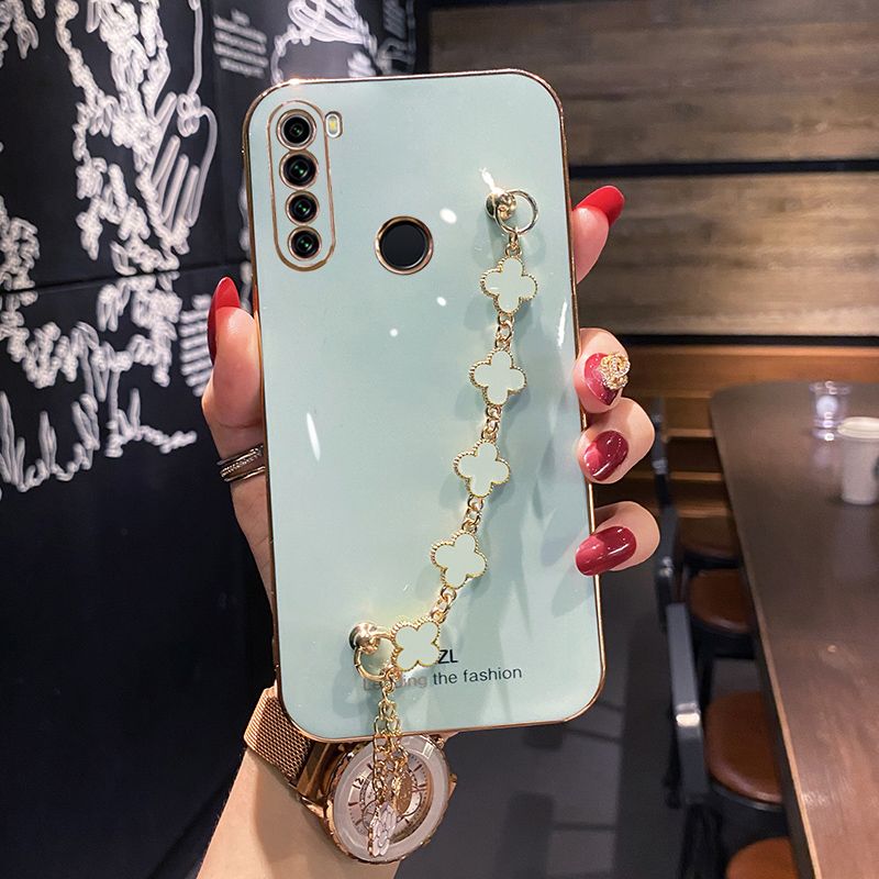 For Realme 5i Back Cover with Lucky Clover Wristband Chain Fashion Bracelet Shiny Plating Square Edge Bumper Phone Case Soft Silicone Bumper Protective Cover